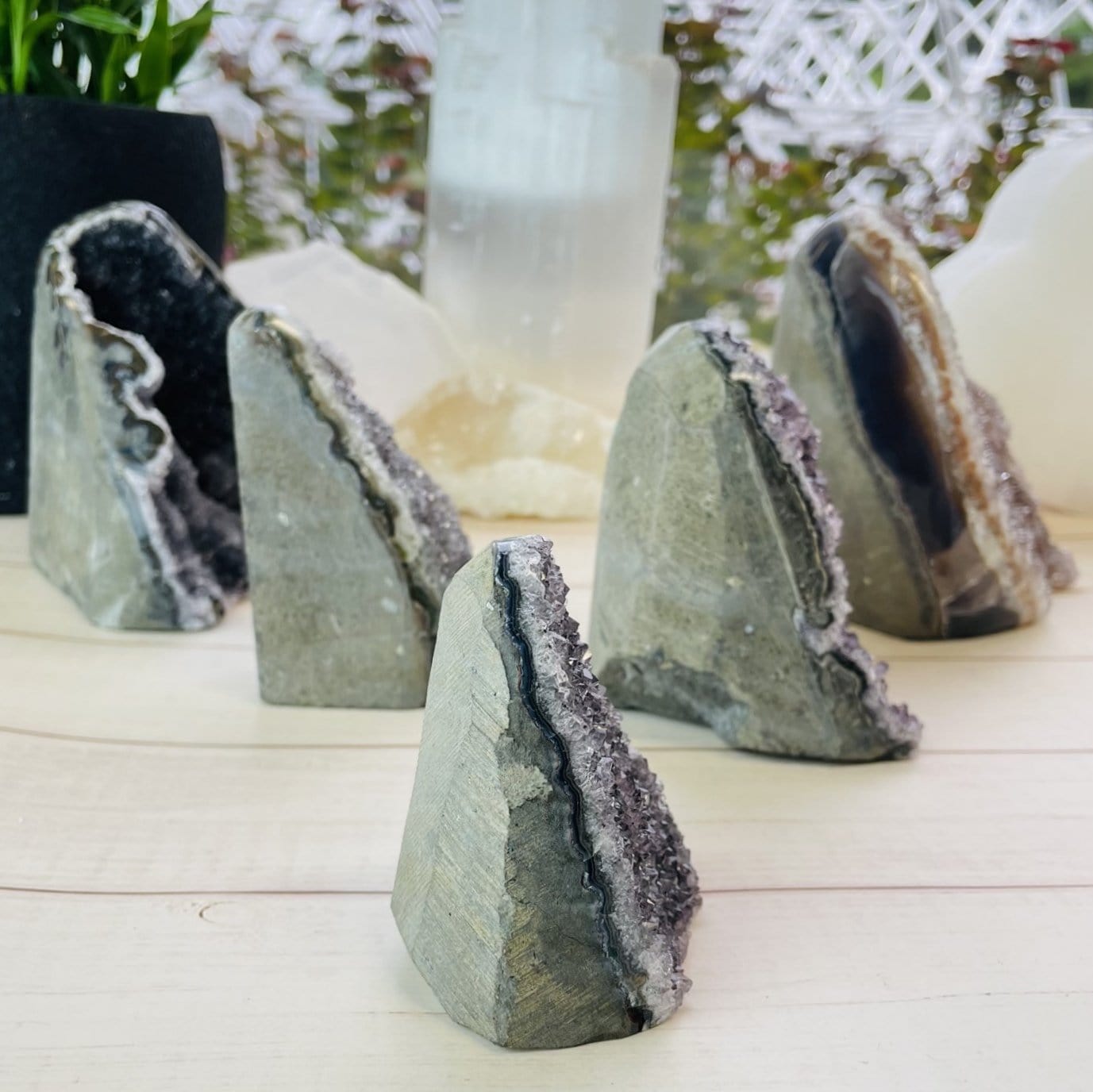 side view of 5 amethyst cut bases with decorations in the background