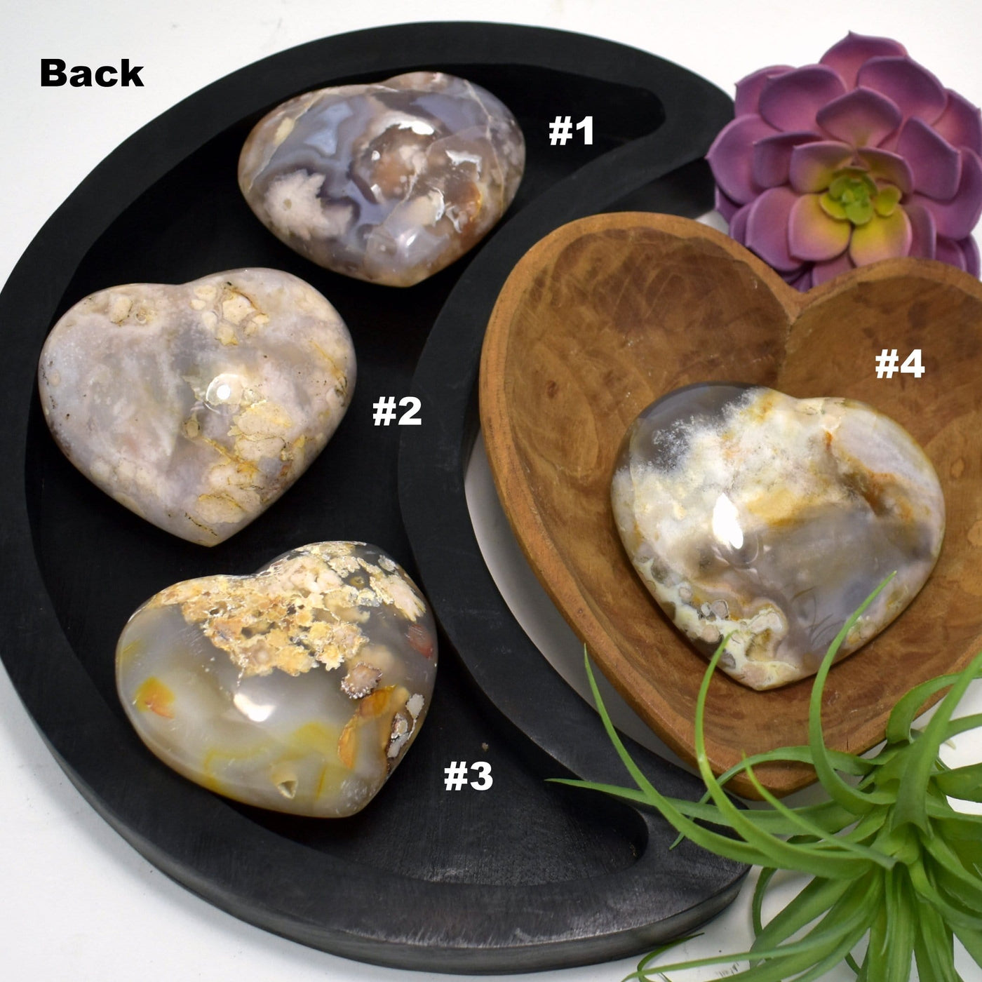 4 different Flower Agate Polished Stone Heart showing the back side.