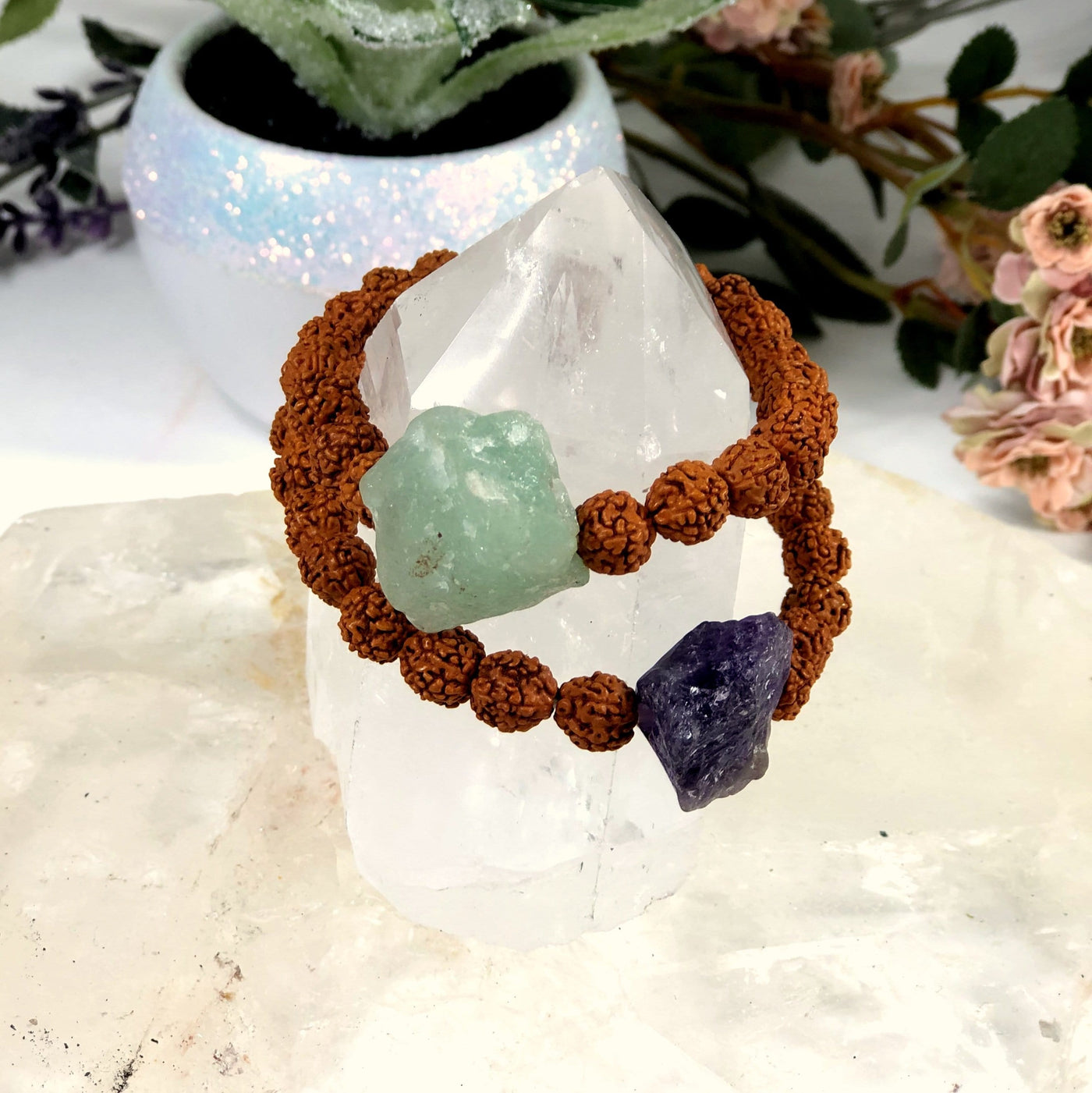 Diffuser Bracelet Radruska with Amethyst or Aventurine in Crystal Point on White Background.