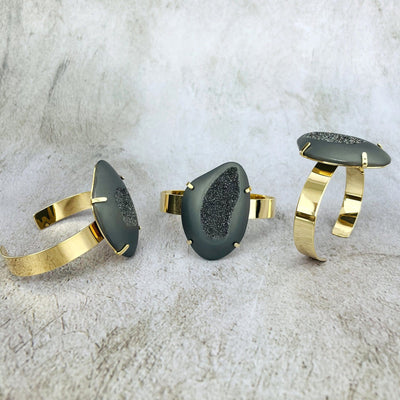 3 druzy cuff bracelets in different angles