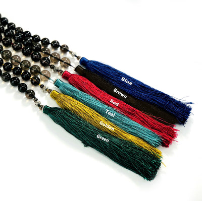 6 Colored Tassels with Smokey Quartz and Assorted Beads in blue, brown, red, teal. golden, and green