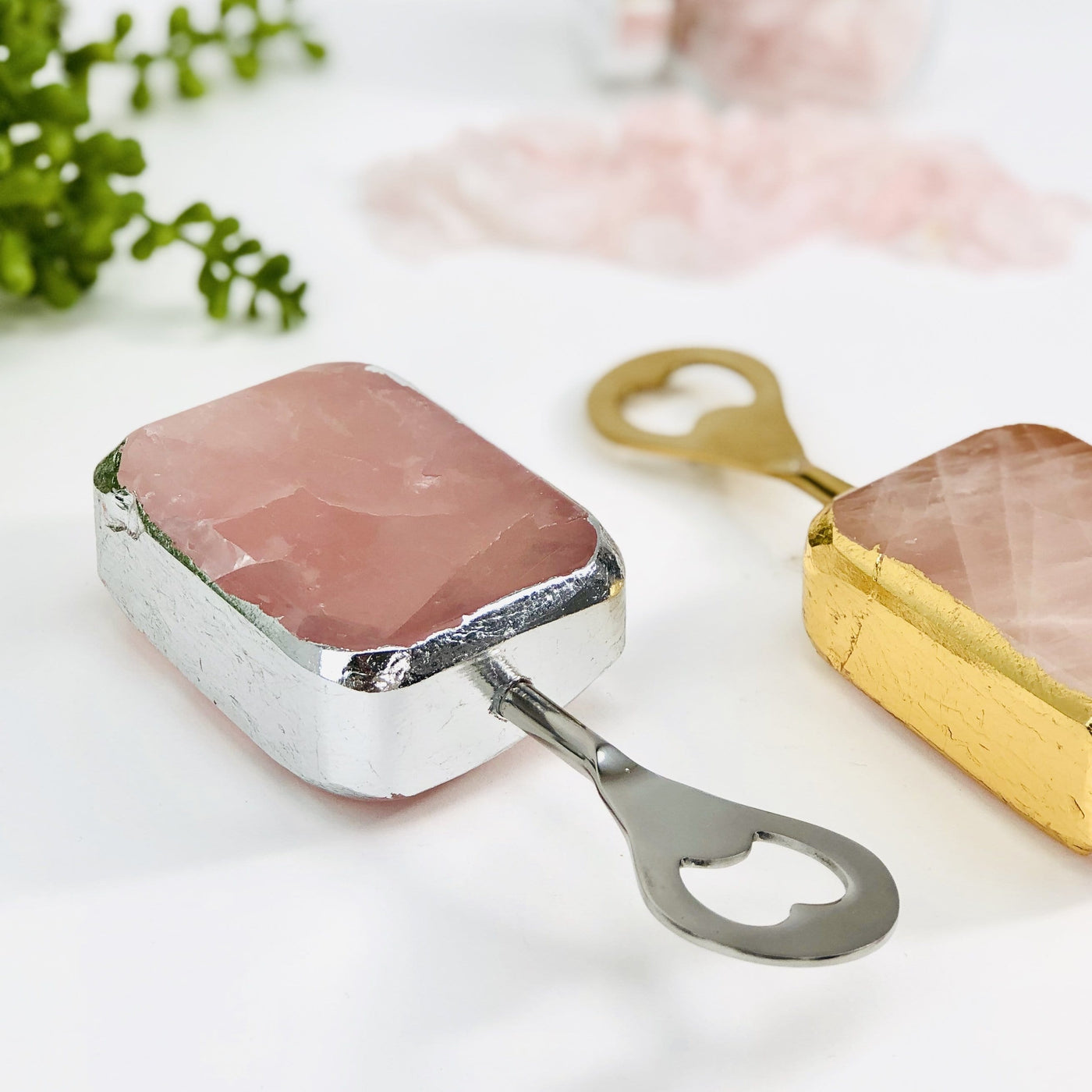Angled shot of 2 Rose Quartz Bottle Openers  with plants and crystals blurred in the background