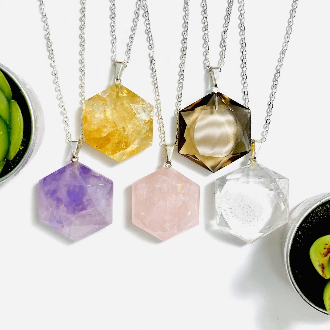 Hexagon Pendants with Silver Plated Bail shown here on a chain