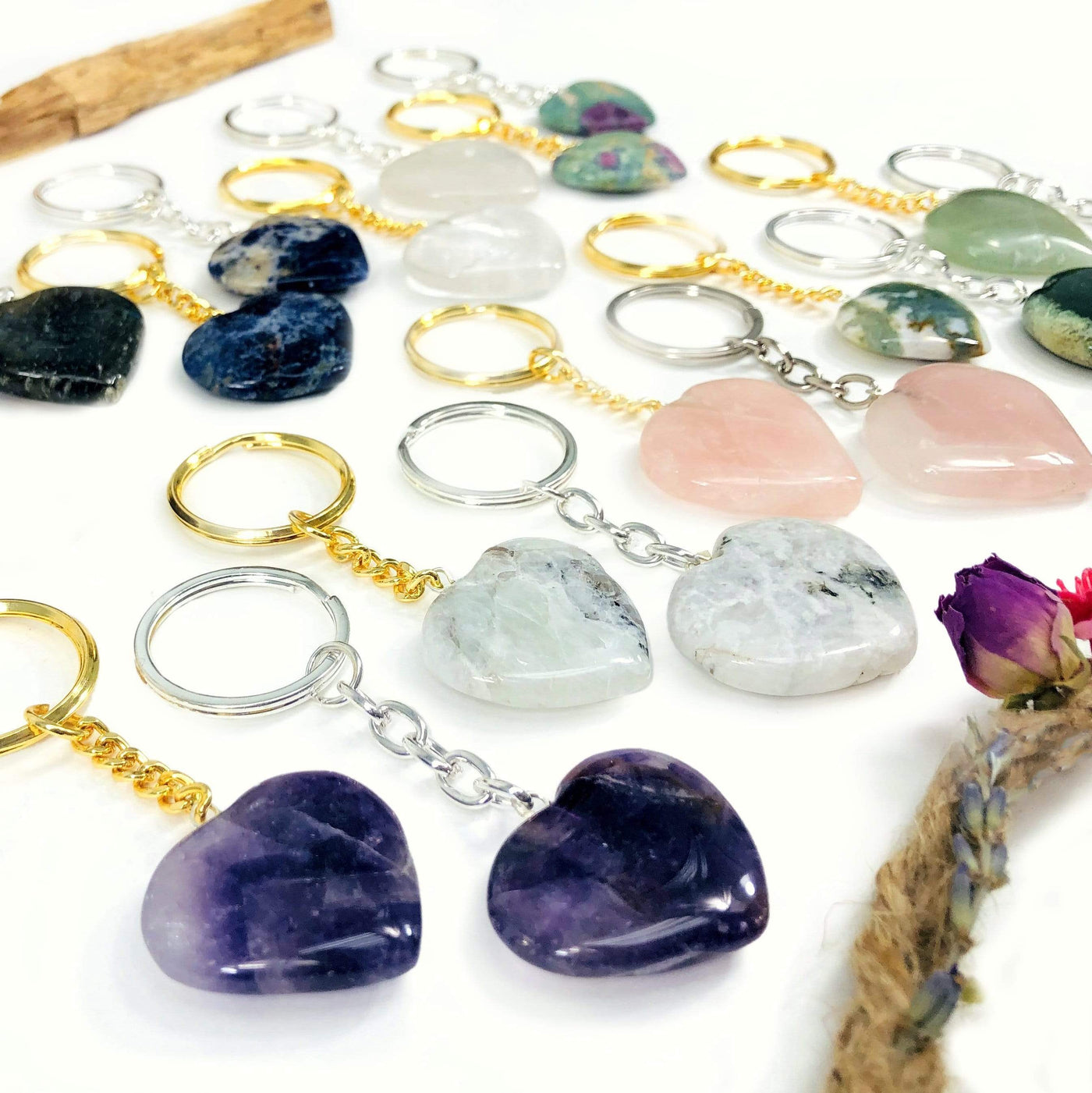 Gemstone Heart Keychains - Variety of Stones - 10 Pack