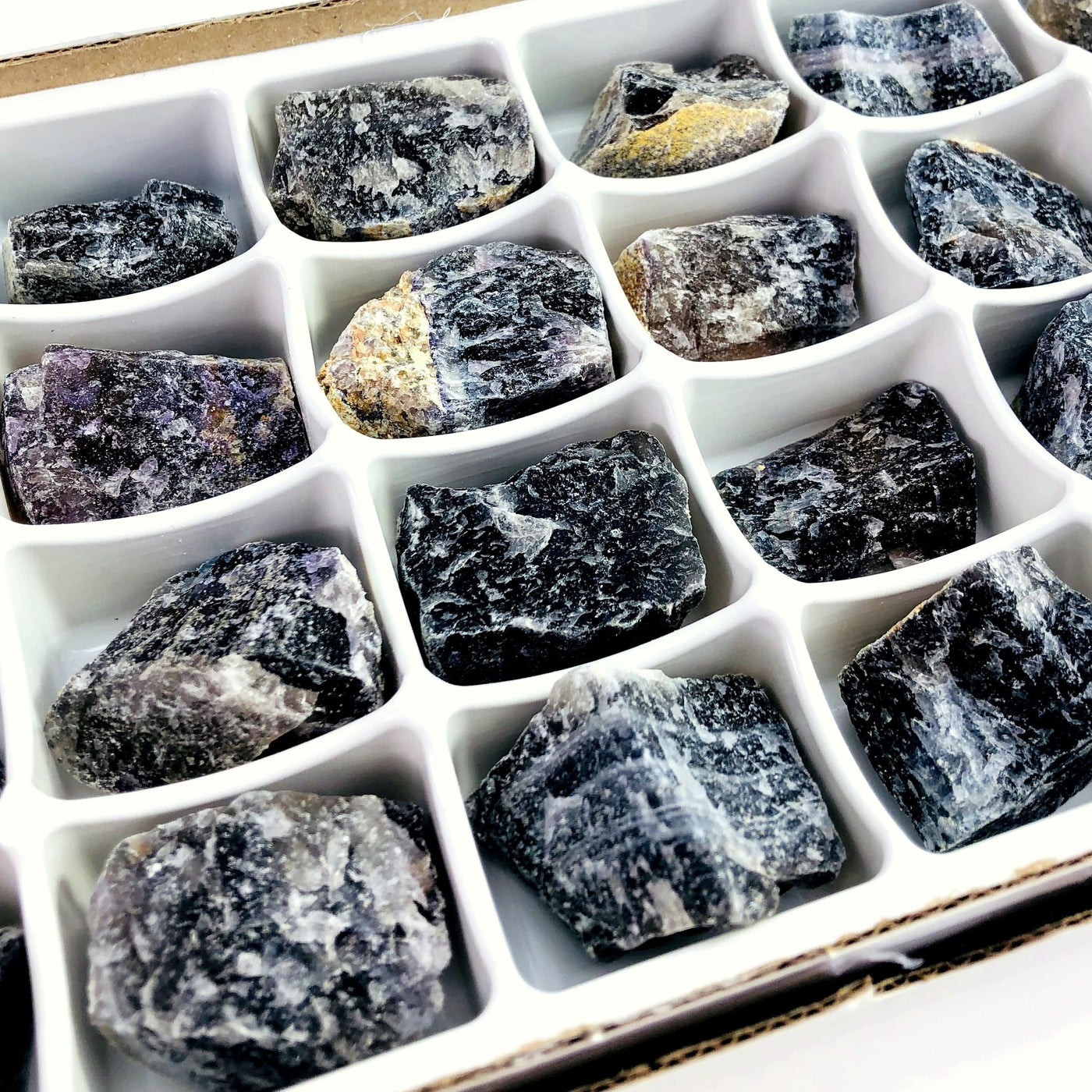 fluorite rough stones shown in the box to display color variation