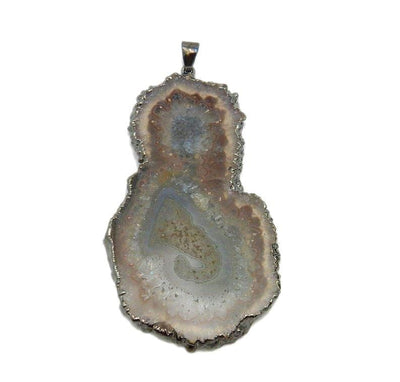 Extra Large Amethyst Stalactite Pendant with Electroplated Gun Metal Edge on white background.