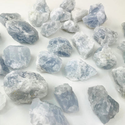 Celestite Stones spread out on a table