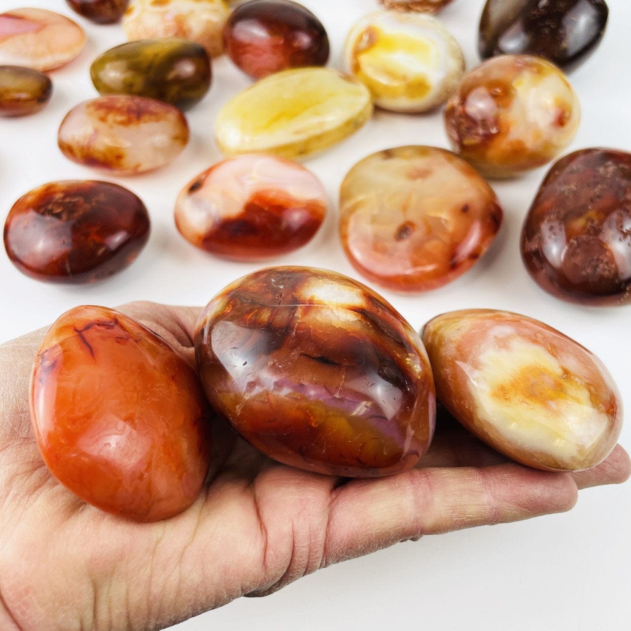 Carnelian Agate Tumbled Stones on a table with 3 in a hand for size reference