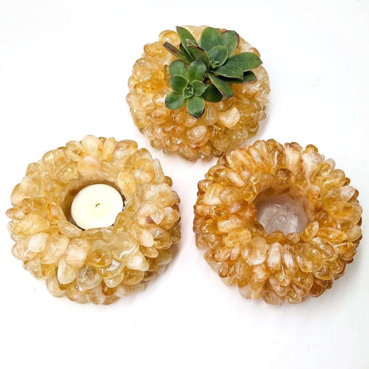 3 citrine Tumbled Crystal Candle Holders one with a plant and one with a candle