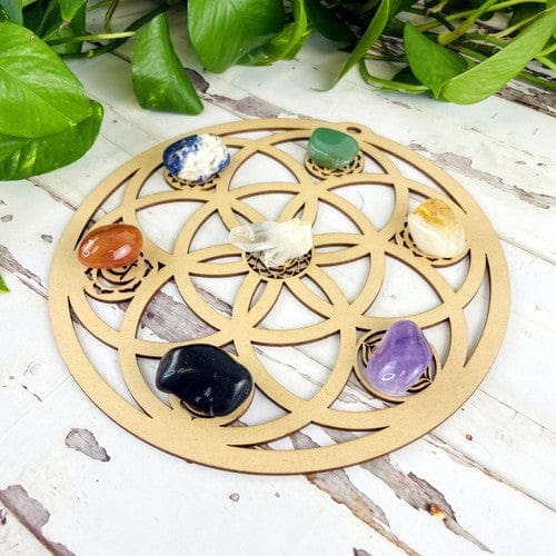 round wooden seed of life grid with chakras and crystal stones set up as home decor 