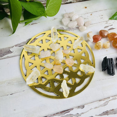 Brass Flower of Life Grid with crystals