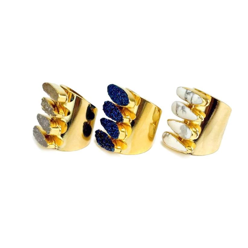 Side view of the Adjustable Teardrop Druzy Ring with Electroplated 24k Gold Adjustable Cigar Band in colors Natural Druzy, Mystic Blue Titanium Druzy, White Howlite
