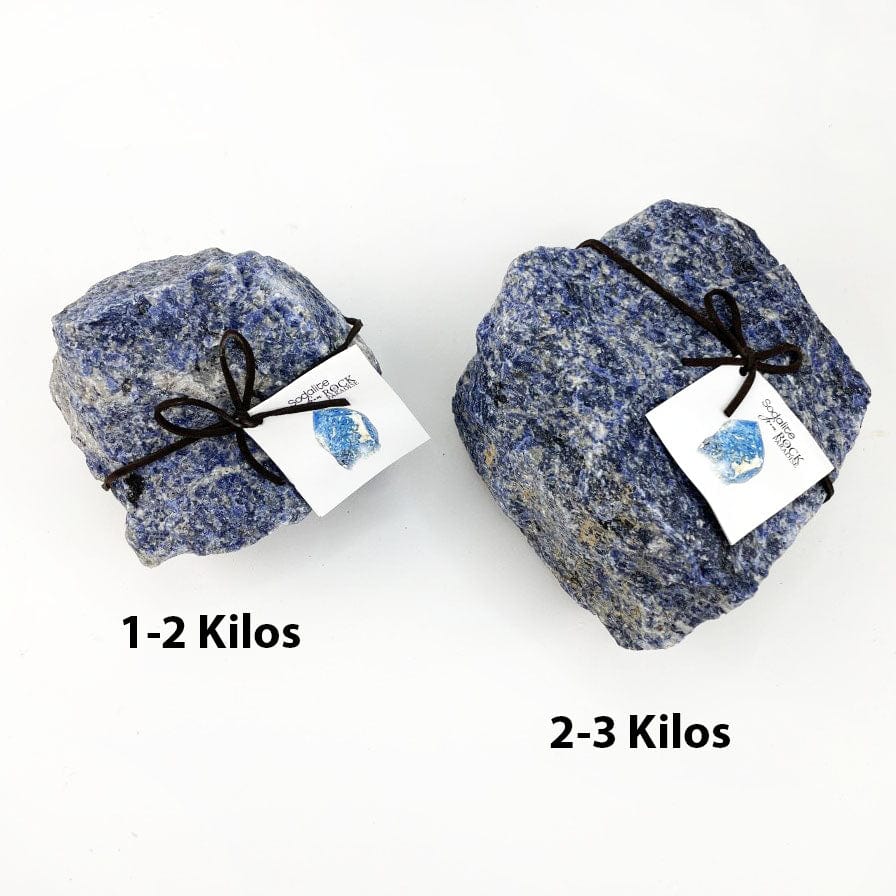 2 pieces of Sodalite one is 1-2 kilos and the other is 2-3kilos tied and tagged with stone info card