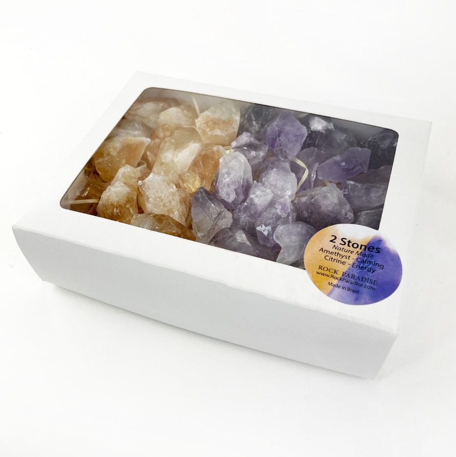 Amethyst and Citrine (Golden Amethyst)  Pieces in Window Box from side biew