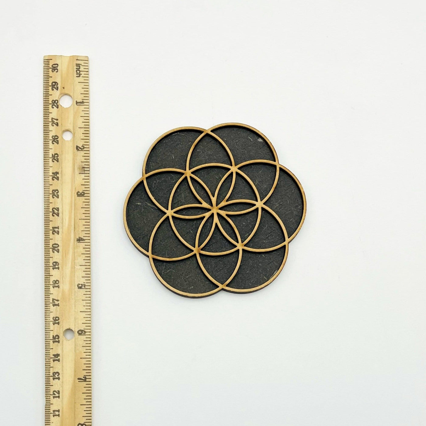 seed of life mini wooden grid with ruler for size reference