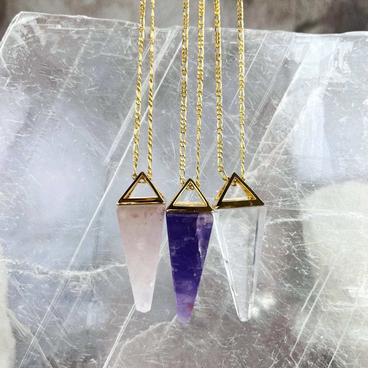 Rose Quartz Amethyst and Crystal Quartz Pendulum Necklaces