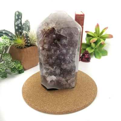 Amethyst Geode Druzy Polished Cut Base with decorations in the background