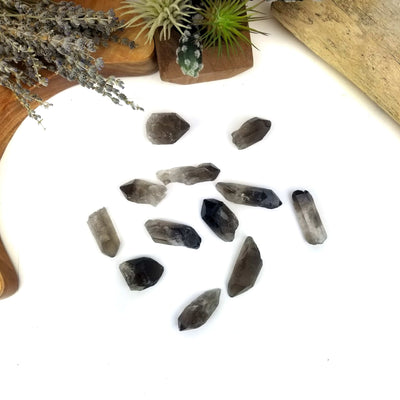 overhead view of many smokey quartz raw points on white background for possible variations