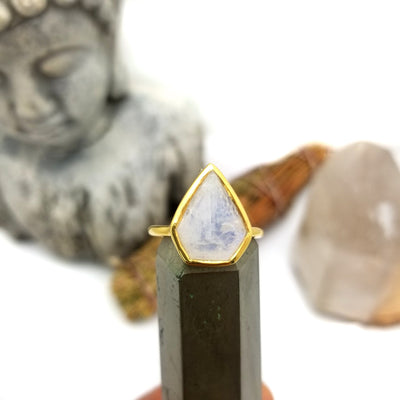 Moonstone Arrowhead Stone Gold Over Sterling Ring--close front shot view of ring on point.