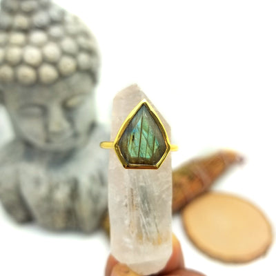 labradorite arrowhead ring in gold with decorations in the background
