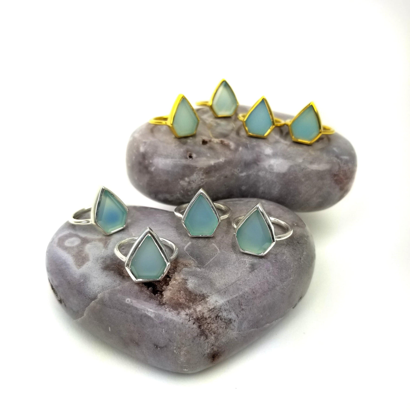 8 Aqua Chalcedony Arrowhead Stone rings in gold and silver 