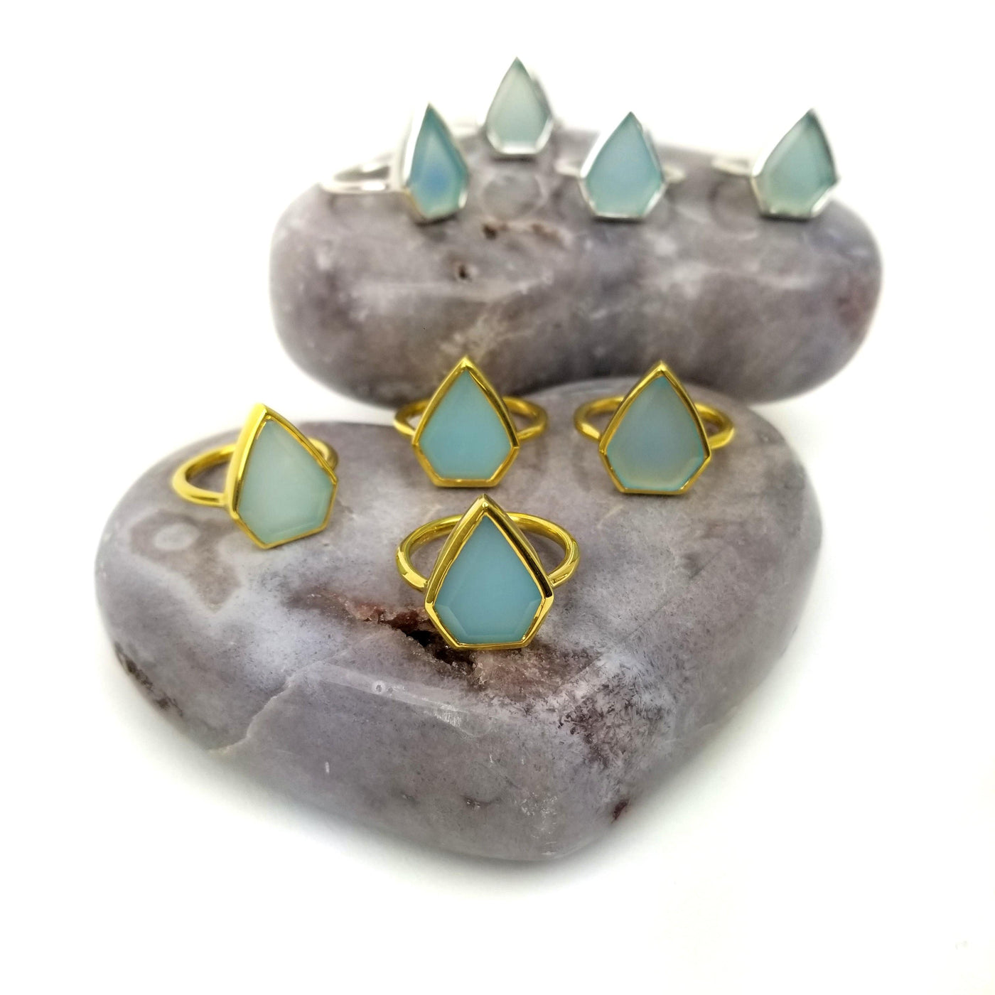 8 Aqua Chalcedony Arrowhead Stone rings in gold and silver with decorations