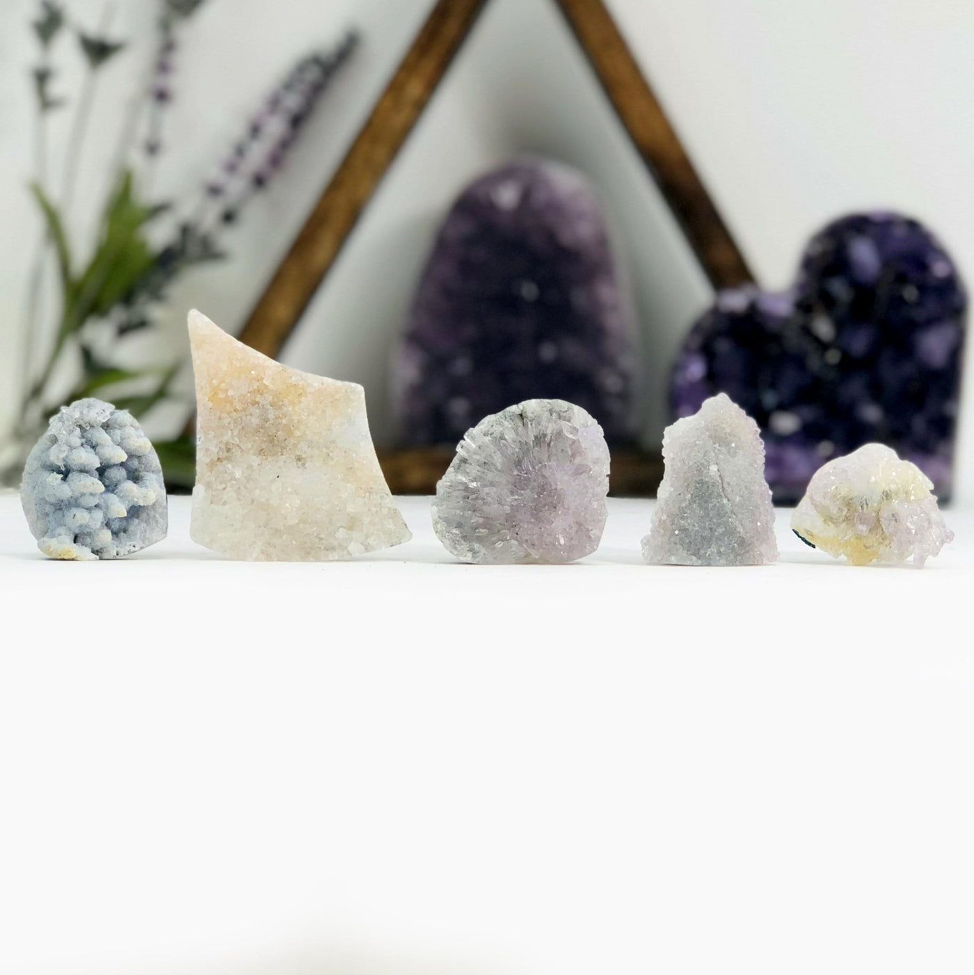 5 Amethyst Flower Crystal Clusters with decorations in the background