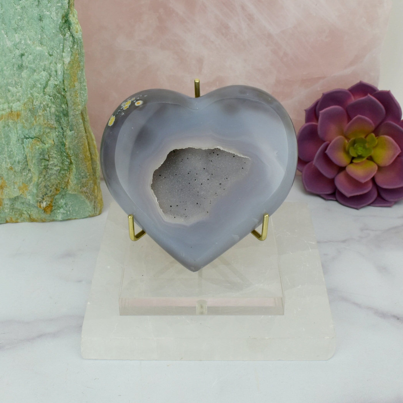 Agate Druzy Heart - OOAK - (DOOAK-S24-01) in a stand within an alter.