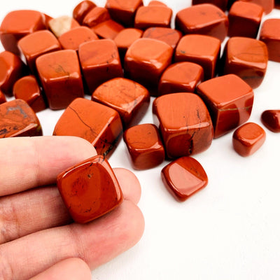 Hand holding up Red Jasper Cubed Tumbled Stones with others scattered on white background