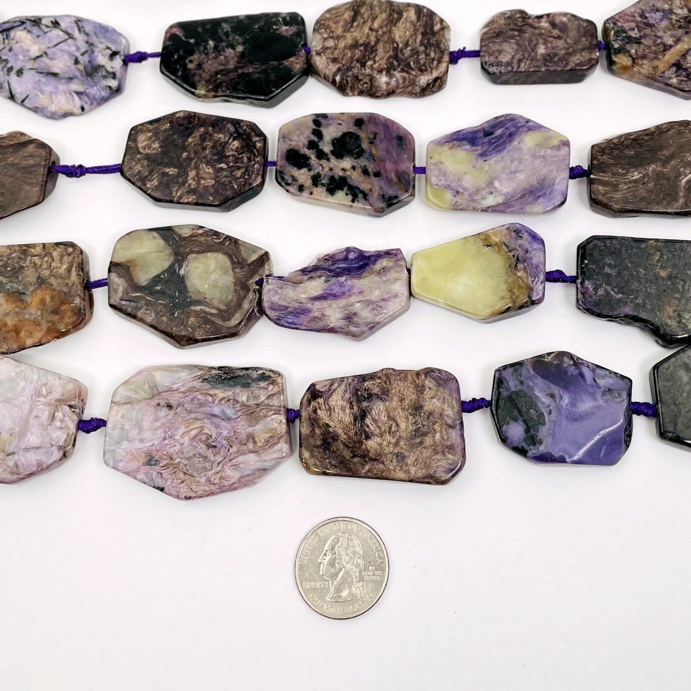 Charoite Slab Beads- compared with a quarter for size reference.