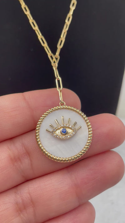 14k Gold Evil Eye Necklace with Pave Diamonds and Sapphire Fine Jewelry