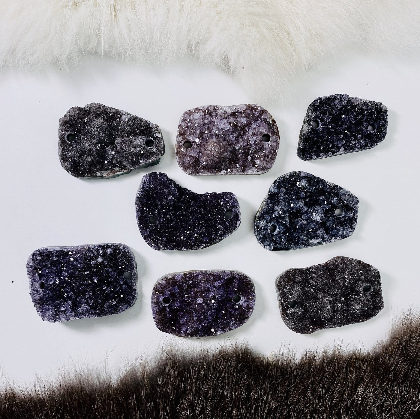 8 Dark Druzy Large Freeform Double Side Drilled Bead on White Background