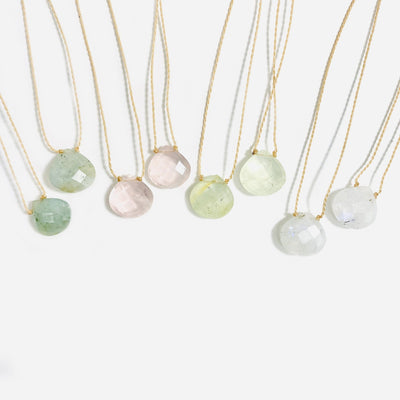 Gemstone Drop Bead Finished Necklaces in rose quartz, moonstone, prehnite, aquamarine