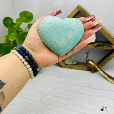 Polished Amazonite Heart - YOU CHOOSE - choice number one close up view with hand for size refence 