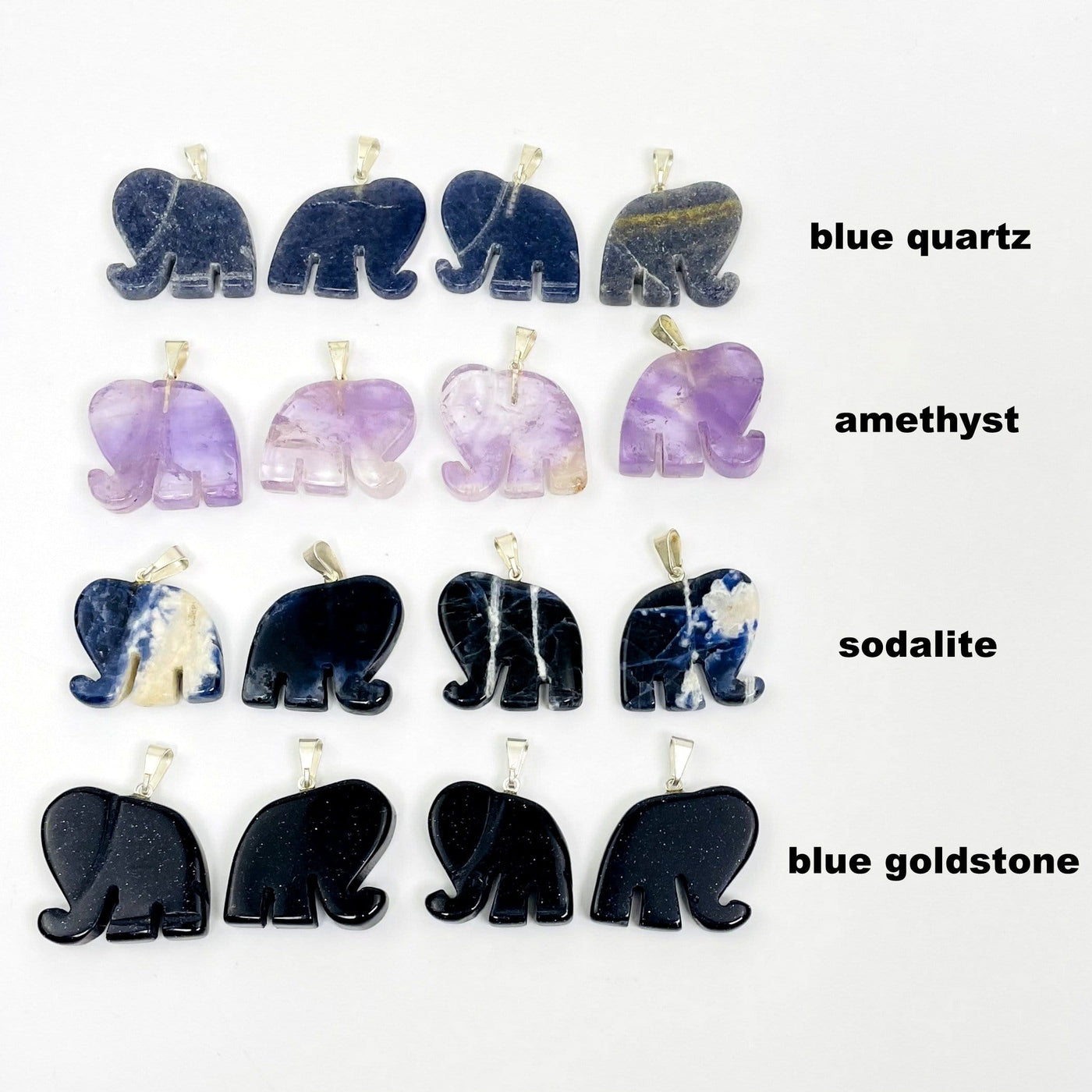 Elephant Gemstones Pendants Showing The Blue Quartz Amethyst Sodalite And Blue Goldstone lined up