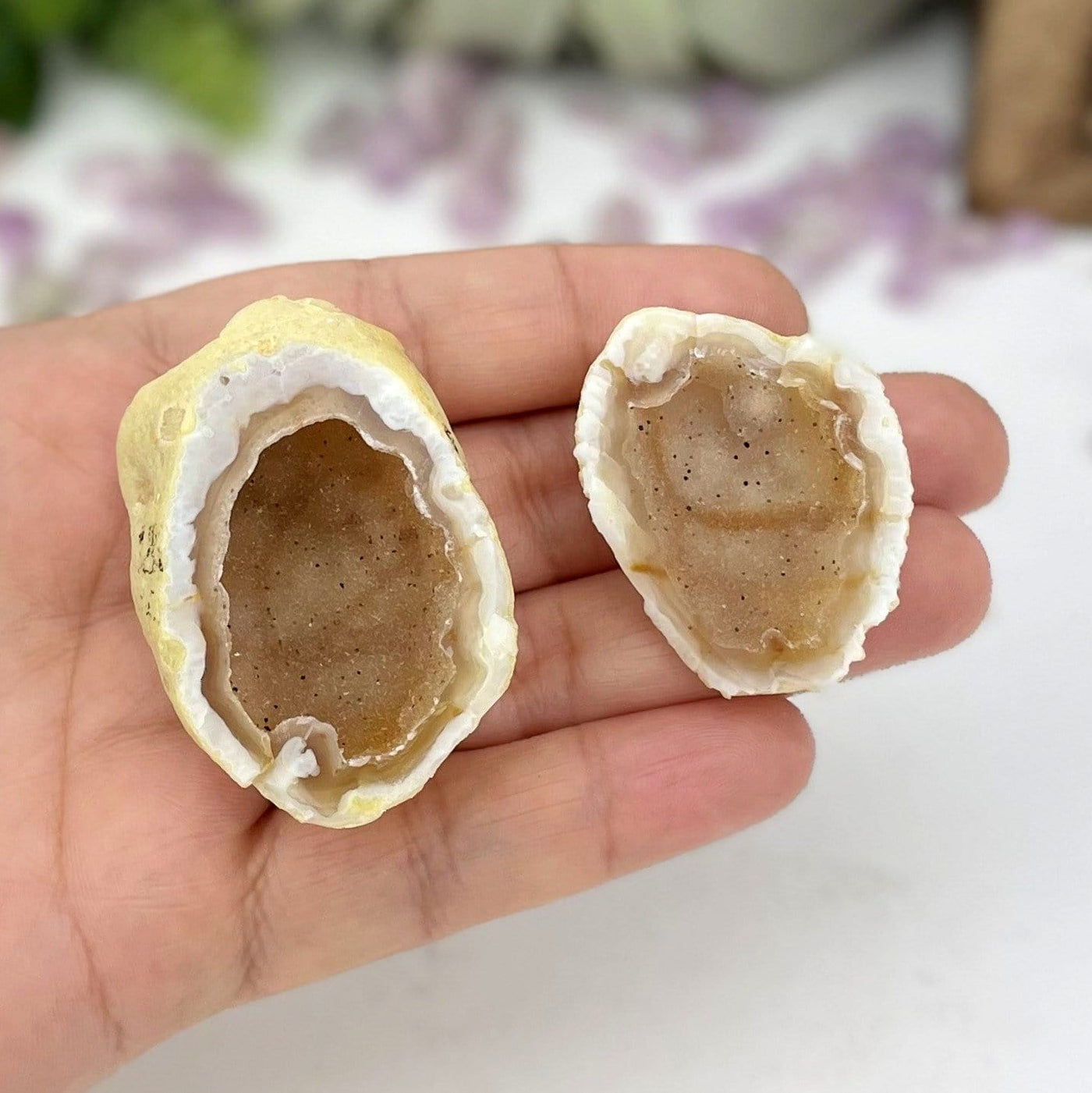 small agate geode druzy box in hand for size reference