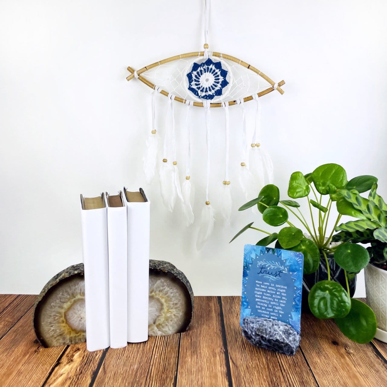 White Dream Catcher Seeing Eye Pattern displayed with books and bookend and plants to show decor ideas