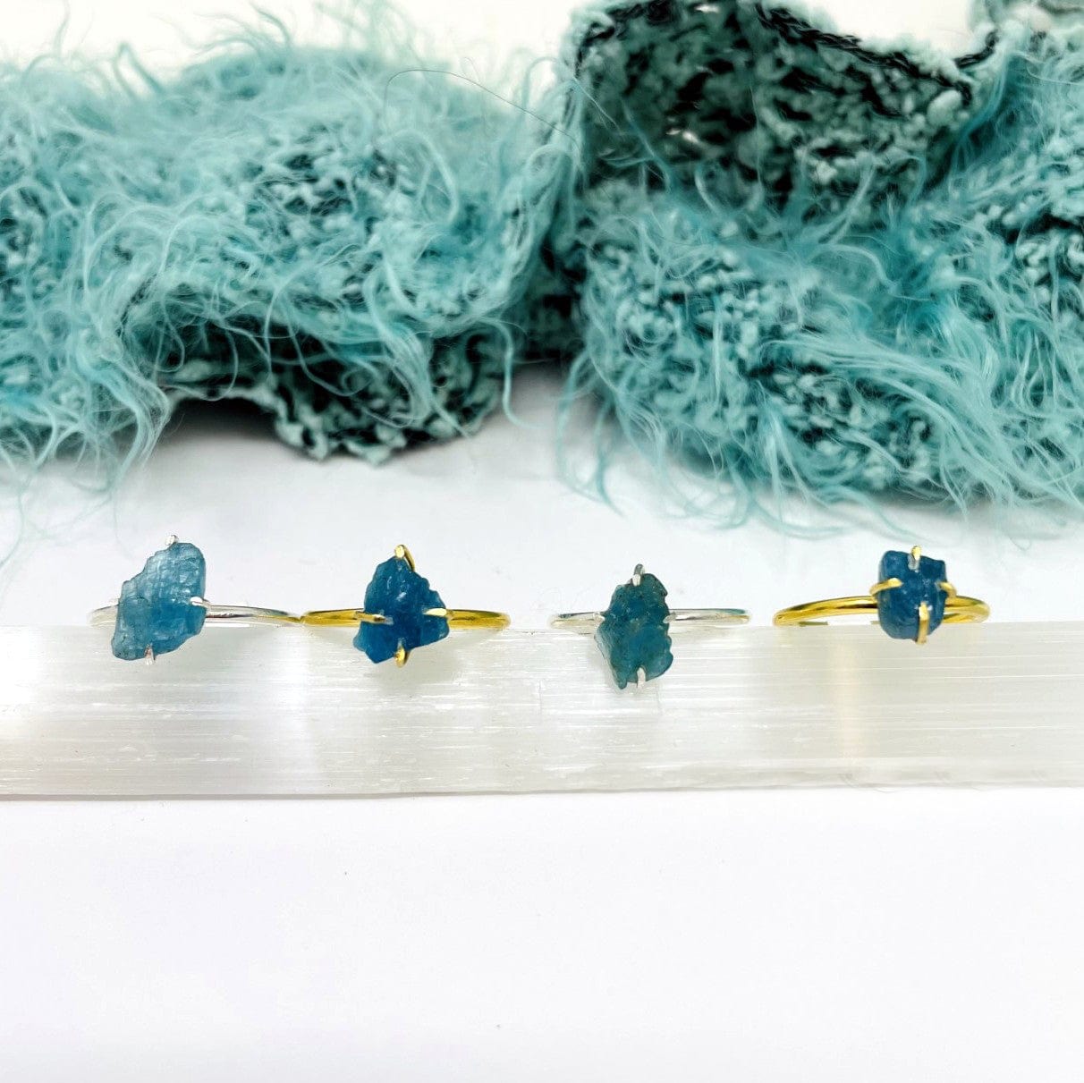 Apatite Gemstone rings in gold and silver