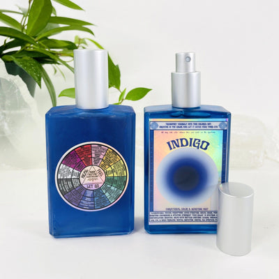 2 bottles of Gemstone Mist - Indigo Vibrational Color showing front and back view of bottles