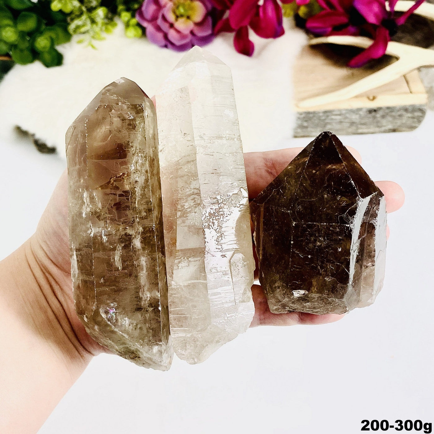 three 200g - 300g smokey quartz raw point rods in hand for size reference and possible variations