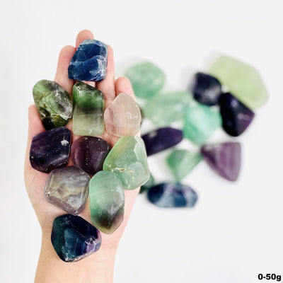 Hand holding up 10 Rainbow Fluorite Tumbled Stones over pile of stones blurred on a white background