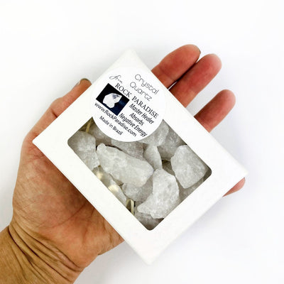 Crystal Quartz Chubbie Box of Stones in a hand for size