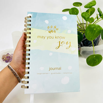 hand holding up Journal - May You Know Joy with decorations in the background