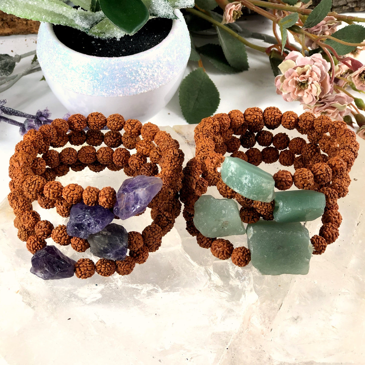 Diffuser Bracelet Radruska with Amethyst or Aventurine in Top of Each Other on White Background.