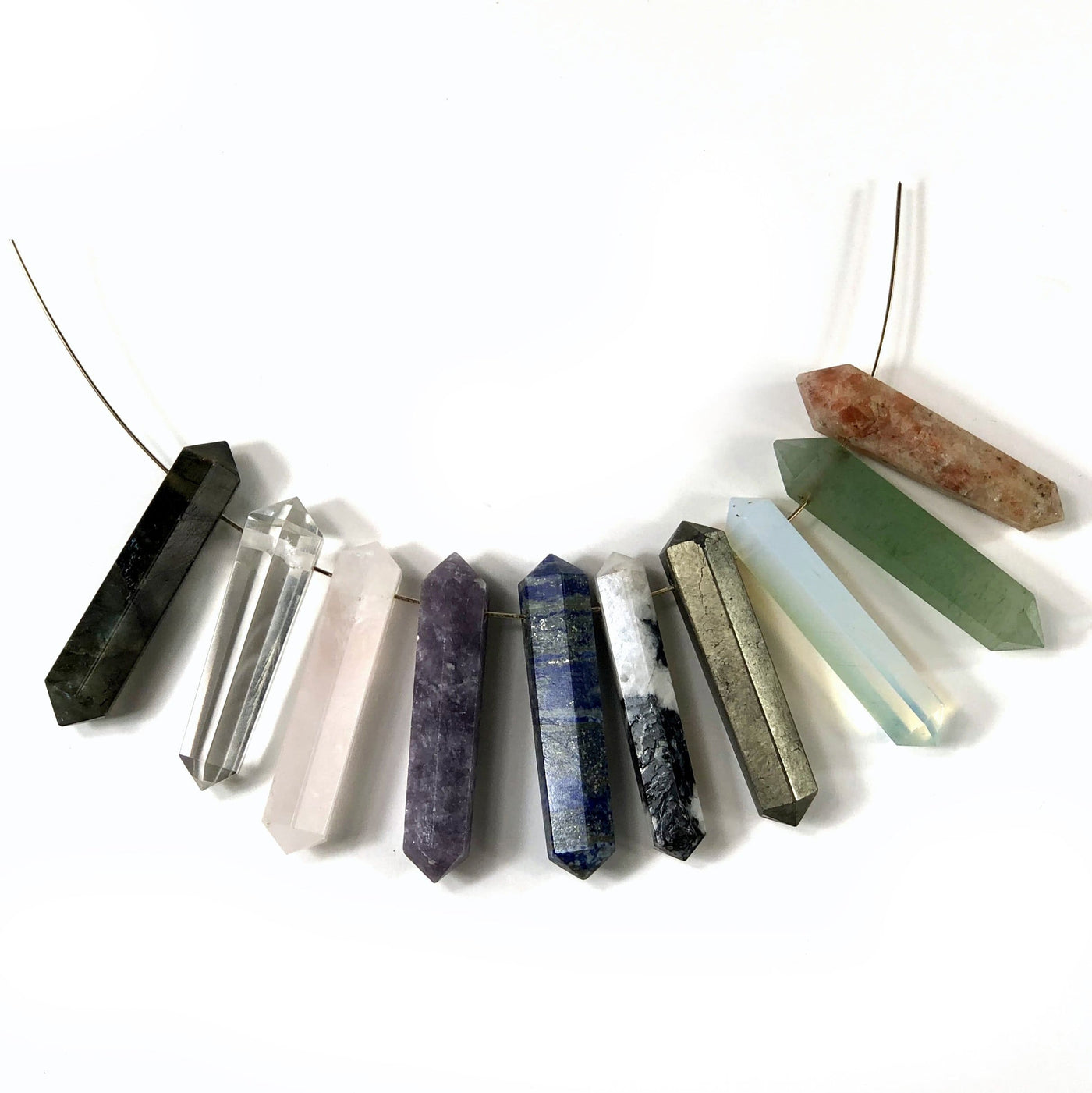 Gemstone Drilled Double Terminated Points displayed on necklace 
