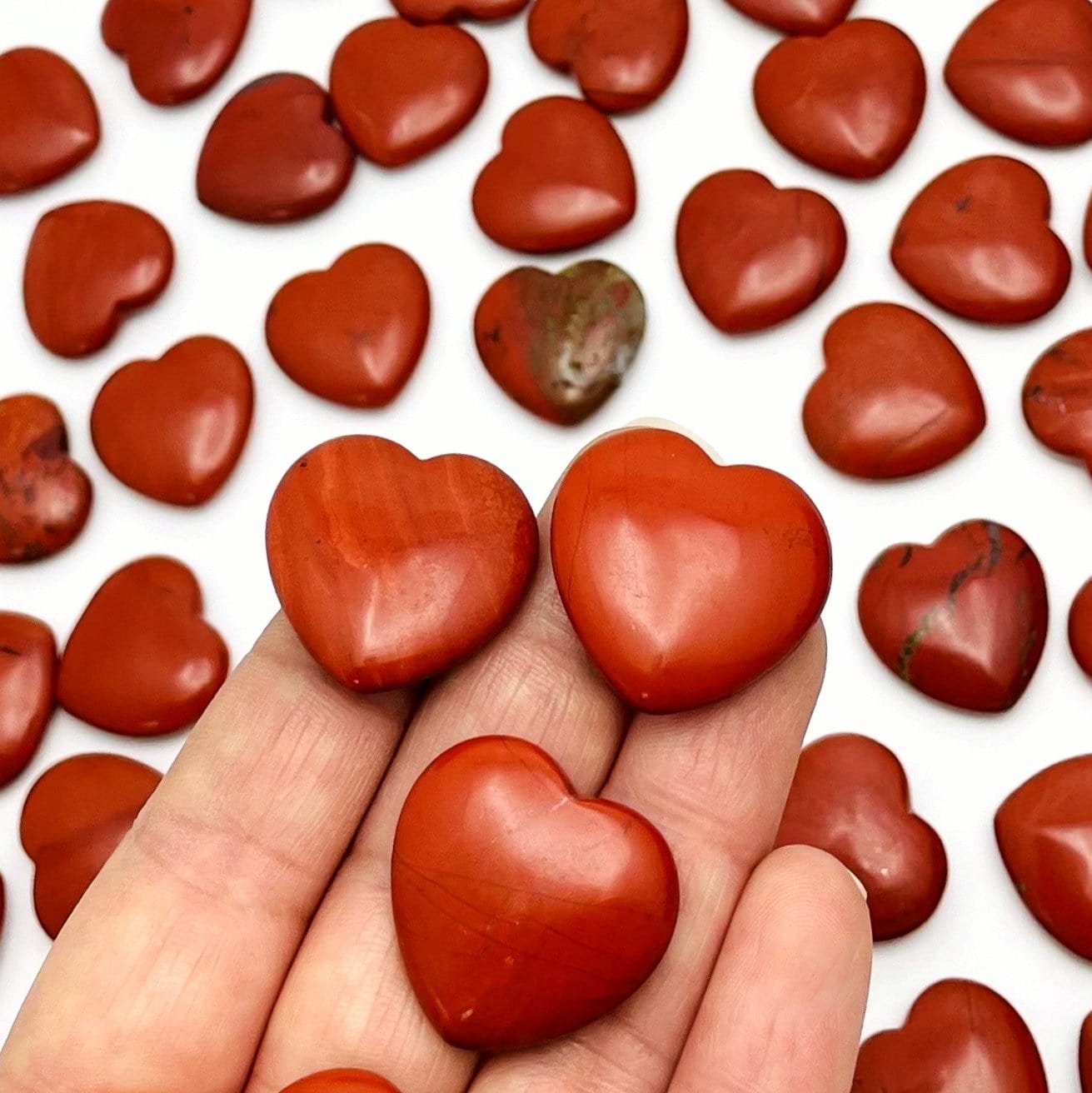 Hand holding up 3 Red Jasper Heart Shaped Stones in front of more scattered on white background