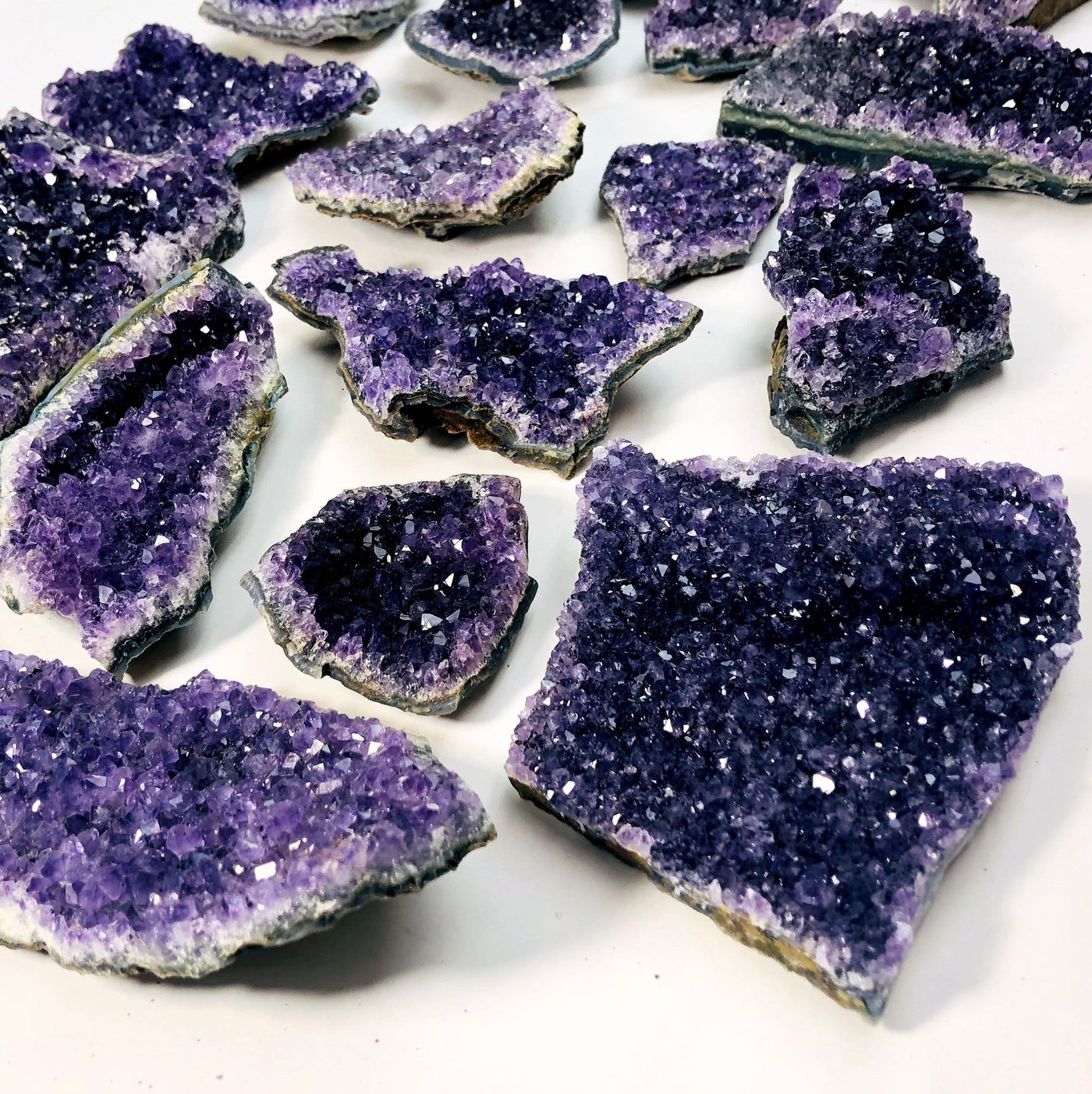amethyst clusters on white background