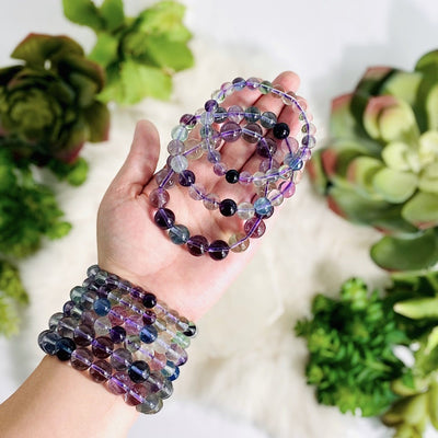 Arm wearing Rainbow Fluorite Round Bead Bracelets with hand holding 3 bracelets with plants blurred in the background