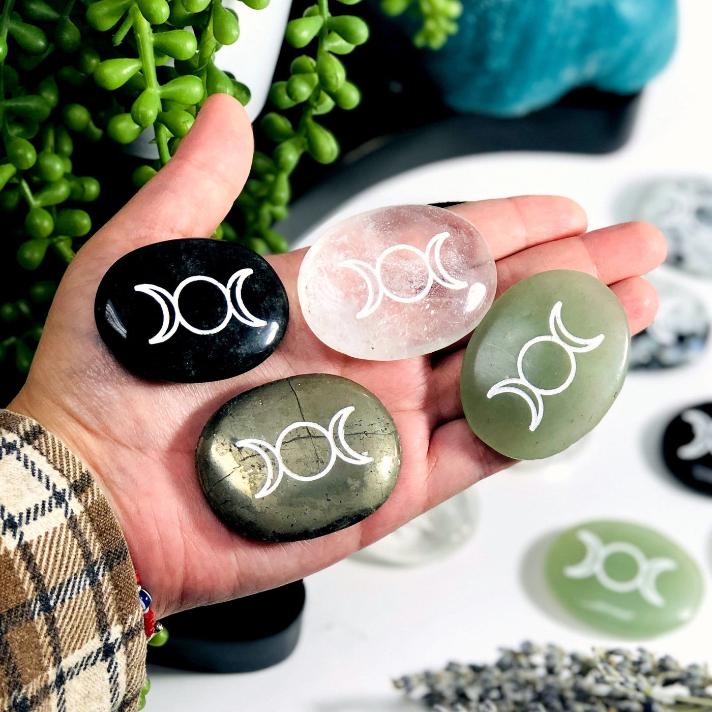Variety Palm Stones Pocket Stones with Moon Phase  in a hand
