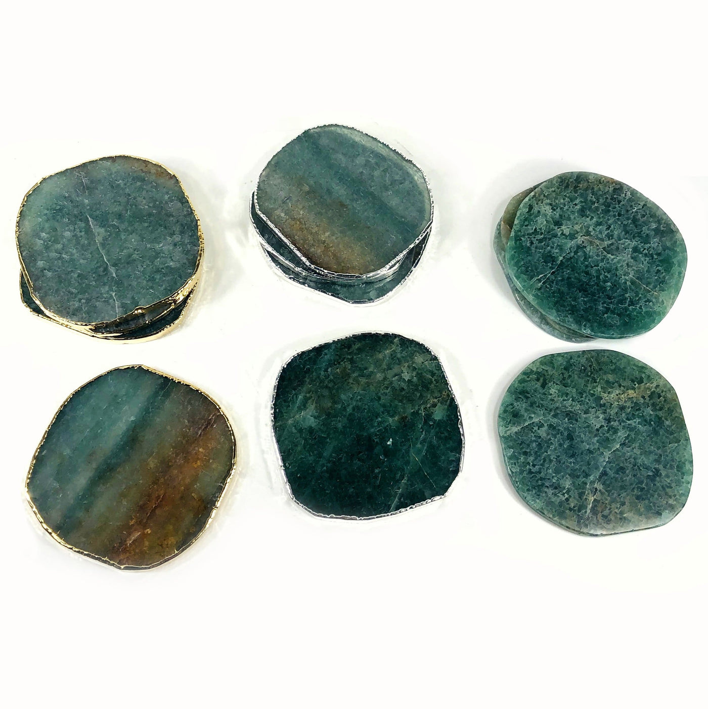 green quartz coasters displayed to show variation in color plating and raw edge